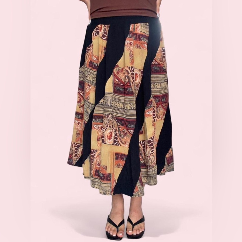 Vintage 100% Rayon Black Patterned A-Line Women's Skirt